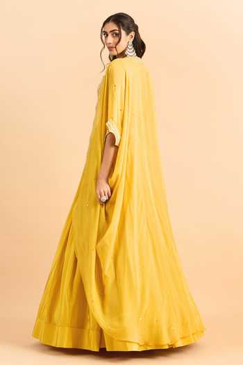 Shop_Roohbyridhimaa_Mustard Organza, Viscose Embroidery, Zari Mandarin Arisa Cape Lehenga Set _at_Aza_Fashions