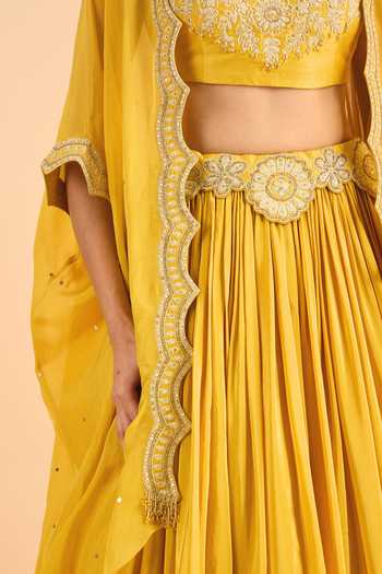 Roohbyridhimaa_Mustard Organza, Viscose Embroidery, Zari Mandarin Arisa Cape Lehenga Set 