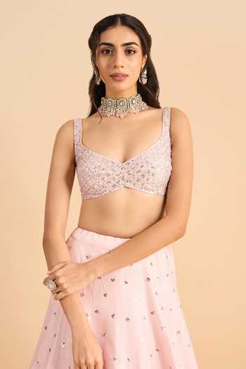 Buy_Roohbyridhimaa_Pink Silk, Organza, Viscose Embroidery, Mirrors Kaira Resham Lehenga Set _Online_at_Aza_Fashions