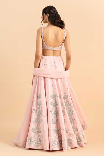 Shop_Roohbyridhimaa_Pink Silk, Organza, Viscose Embroidery, Mirrors Kaira Resham Lehenga Set _at_Aza_Fashions