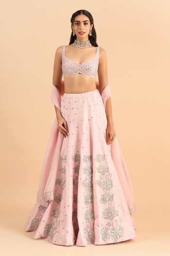 Buy_Roohbyridhimaa_Pink Silk, Organza, Viscose Embroidery, Mirrors Kaira Resham Lehenga Set _at_Aza_Fashions