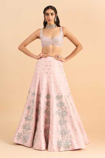 Buy_Roohbyridhimaa_Pink Silk, Organza, Viscose Embroidery, Mirrors Kaira Resham Lehenga Set 