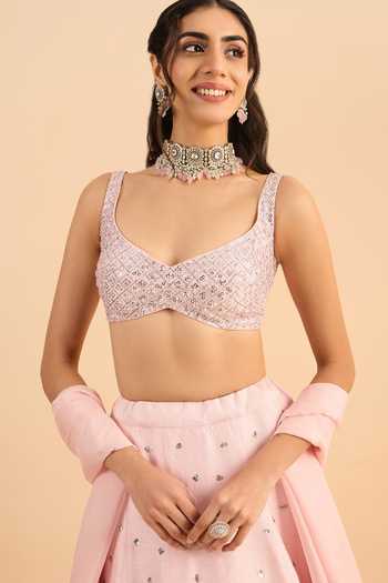 Shop_Roohbyridhimaa_Pink Silk, Organza, Viscose Embroidery, Mirrors Kaira Resham Lehenga Set 