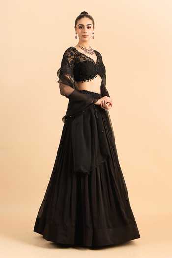 Roohbyridhimaa_Black Silk, Organza, Viscose Beads, Floral Cascade Embroidered Lehenga Set _Online_at_Aza_Fashions