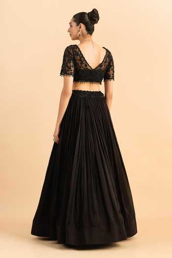 Shop_Roohbyridhimaa_Black Silk, Organza, Viscose Beads, Floral Cascade Embroidered Lehenga Set _at_Aza_Fashions