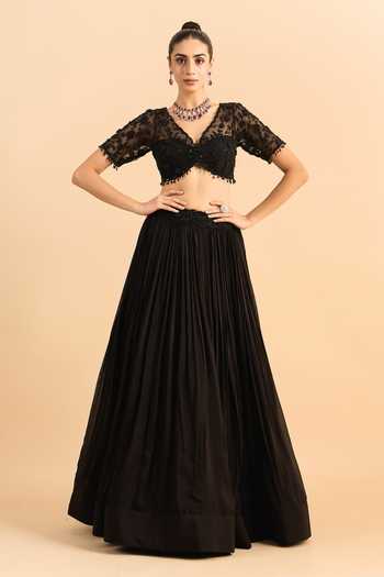 Buy_Roohbyridhimaa_Black Silk, Organza, Viscose Beads, Floral Cascade Embroidered Lehenga Set _Online_at_Aza_Fashions