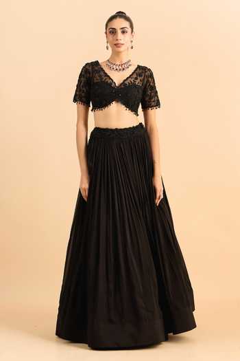 Shop_Roohbyridhimaa_Black Silk, Organza, Viscose Beads, Floral Cascade Embroidered Lehenga Set _Online_at_Aza_Fashions