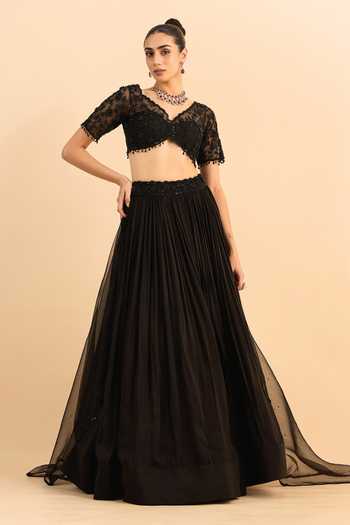 Roohbyridhimaa_Black Silk, Organza, Viscose Beads, Floral Cascade Embroidered Lehenga Set _at_Aza_Fashions