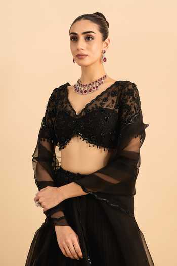 Buy_Roohbyridhimaa_Black Silk, Organza, Viscose Beads, Floral Cascade Embroidered Lehenga Set 