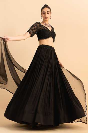 Shop_Roohbyridhimaa_Black Silk, Organza, Viscose Beads, Floral Cascade Embroidered Lehenga Set 