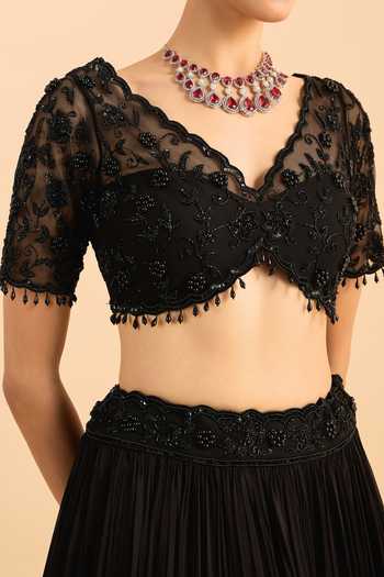 Roohbyridhimaa_Black Silk, Organza, Viscose Beads, Floral Cascade Embroidered Lehenga Set _Online
