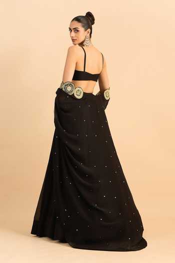 Shop_Roohbyridhimaa_Black Organza, Viscose Embroidery, Beads, Pearls, Zari Border Cape Lehenga Set _at_Aza_Fashions