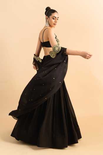 Roohbyridhimaa_Black Organza, Viscose Embroidery, Beads, Pearls, Zari Border Cape Lehenga Set _Online_at_Aza_Fashions