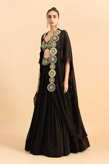 Buy_Roohbyridhimaa_Black Organza, Viscose Embroidery, Beads, Pearls, Zari Border Cape Lehenga Set _Online_at_Aza_Fashions