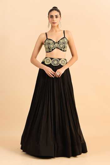 Shop_Roohbyridhimaa_Black Organza, Viscose Embroidery, Beads, Pearls, Zari Border Cape Lehenga Set _Online_at_Aza_Fashions