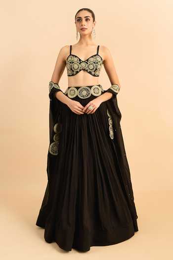 Buy_Roohbyridhimaa_Black Organza, Viscose Embroidery, Beads, Pearls, Zari Border Cape Lehenga Set _at_Aza_Fashions