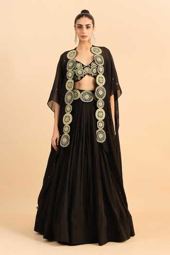 Buy_Roohbyridhimaa_Black Organza, Viscose Embroidery, Beads, Pearls, Zari Border Cape Lehenga Set 