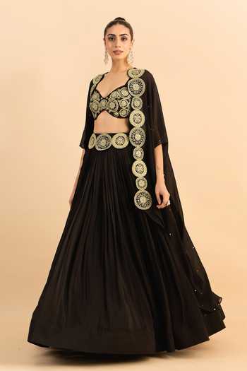 Shop_Roohbyridhimaa_Black Organza, Viscose Embroidery, Beads, Pearls, Zari Border Cape Lehenga Set 