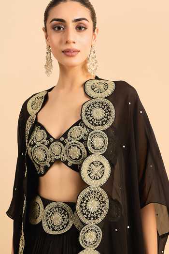 Roohbyridhimaa_Black Organza, Viscose Embroidery, Beads, Pearls, Zari Border Cape Lehenga Set _Online