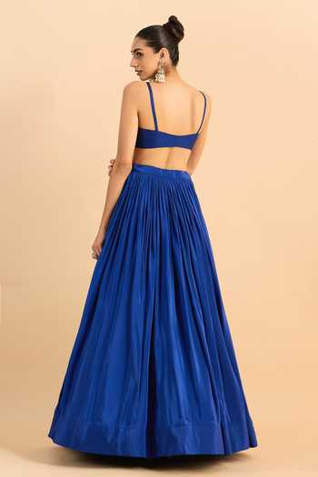 Shop_Roohbyridhimaa_Blue Organza, Viscose Beads, Pearls, Zari Border Embroidered Cape Lehenga Set _at_Aza_Fashions