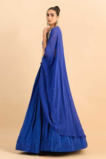 Roohbyridhimaa_Blue Organza, Viscose Beads, Pearls, Zari Border Embroidered Cape Lehenga Set _Online_at_Aza_Fashions