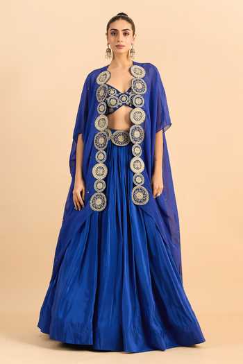 Buy_Roohbyridhimaa_Blue Organza, Viscose Beads, Pearls, Zari Border Embroidered Cape Lehenga Set _at_Aza_Fashions