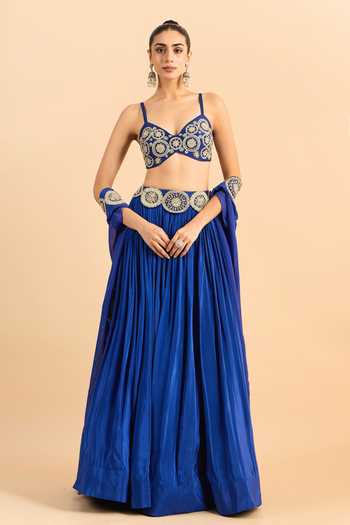 Buy_Roohbyridhimaa_Blue Organza, Viscose Beads, Pearls, Zari Border Embroidered Cape Lehenga Set 