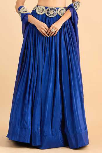 Roohbyridhimaa_Blue Organza, Viscose Beads, Pearls, Zari Border Embroidered Cape Lehenga Set _Online