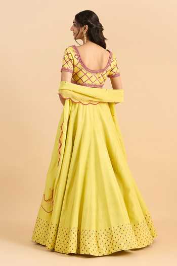 Shop_Roohbyridhimaa_Yellow Silk, Organza, Viscose Embroidery, Sequins Umrah Sitaara Lehenga Set _at_Aza_Fashions