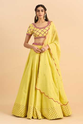 Shop_Roohbyridhimaa_Yellow Silk, Organza, Viscose Embroidery, Sequins Umrah Sitaara Lehenga Set 
