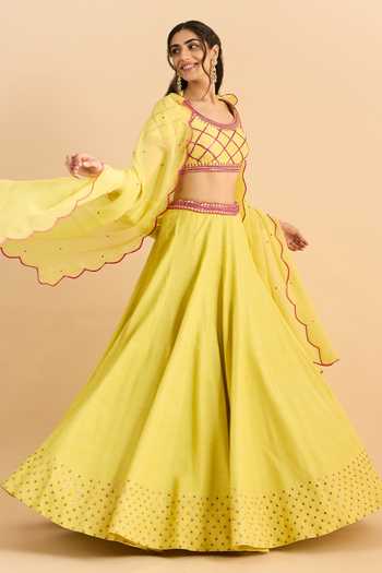 Roohbyridhimaa_Yellow Silk, Organza, Viscose Embroidery, Sequins Umrah Sitaara Lehenga Set _Online