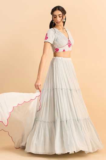 Roohbyridhimaa_Blue Organza, Viscose Pearls V-neck Ahista Embroidered Lehenga Set _Online_at_Aza_Fashions