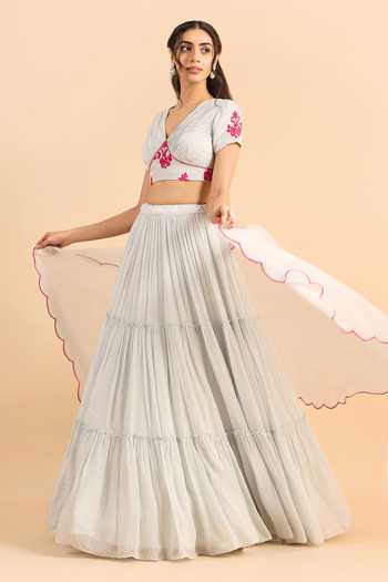 Buy_Roohbyridhimaa_Blue Organza, Viscose Pearls V-neck Ahista Embroidered Lehenga Set _Online_at_Aza_Fashions