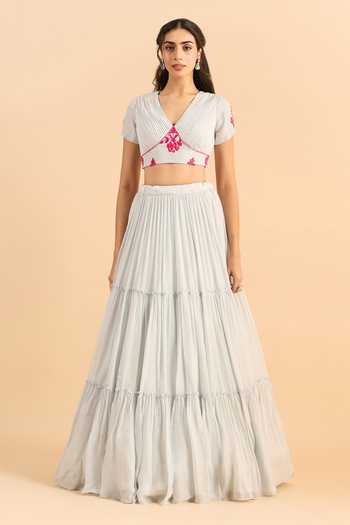 Shop_Roohbyridhimaa_Blue Organza, Viscose Pearls V-neck Ahista Embroidered Lehenga Set _Online_at_Aza_Fashions