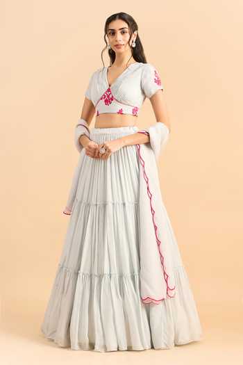 Roohbyridhimaa_Blue Organza, Viscose Pearls V-neck Ahista Embroidered Lehenga Set _at_Aza_Fashions