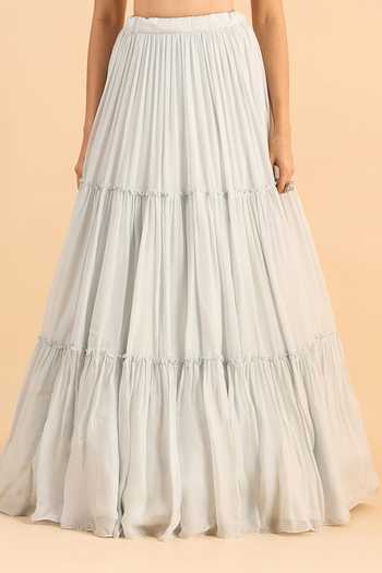Buy_Roohbyridhimaa_Blue Organza, Viscose Pearls V-neck Ahista Embroidered Lehenga Set 