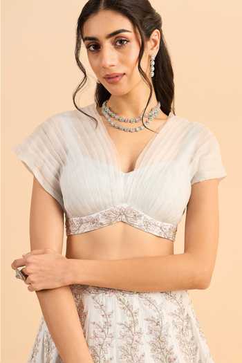 Roohbyridhimaa_Blue Organza, Embroidery, Zari V-neck Seher Lehenga And Blouse Set _Online_at_Aza_Fashions