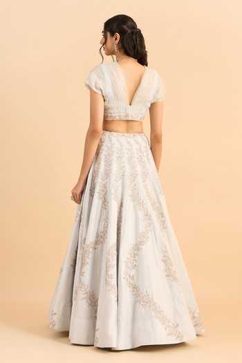 Shop_Roohbyridhimaa_Blue Organza, Embroidery, Zari V-neck Seher Lehenga And Blouse Set _at_Aza_Fashions