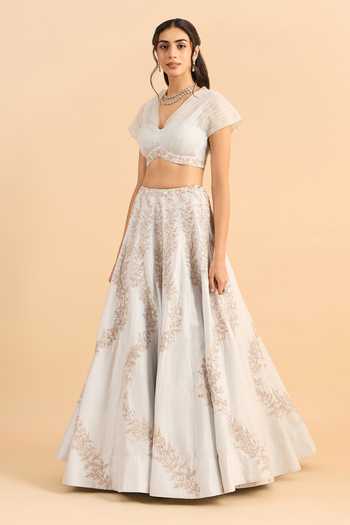 Buy_Roohbyridhimaa_Blue Organza, Embroidery, Zari V-neck Seher Lehenga And Blouse Set 