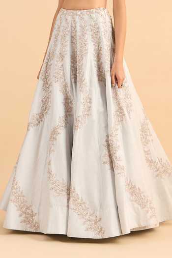 Roohbyridhimaa_Blue Organza, Embroidery, Zari V-neck Seher Lehenga And Blouse Set _Online