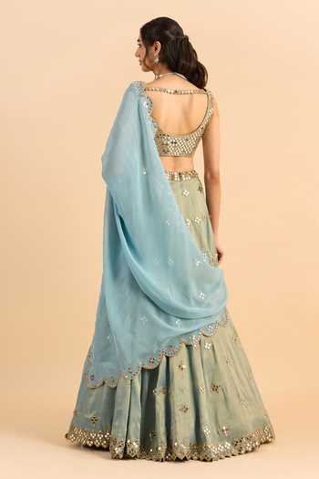 Shop_Roohbyridhimaa_Blue Organza Mirrors Round Neck Sajda Work Lehenga Set _at_Aza_Fashions