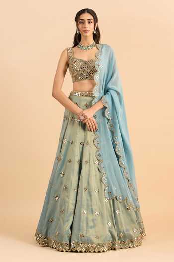 Roohbyridhimaa_Blue Organza Mirrors Round Neck Sajda Work Lehenga Set _Online_at_Aza_Fashions
