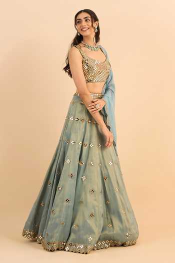 Buy_Roohbyridhimaa_Blue Organza Mirrors Round Neck Sajda Work Lehenga Set _Online_at_Aza_Fashions