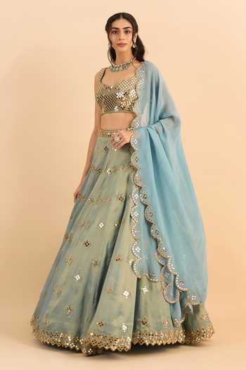 Shop_Roohbyridhimaa_Blue Organza Mirrors Round Neck Sajda Work Lehenga Set _Online_at_Aza_Fashions