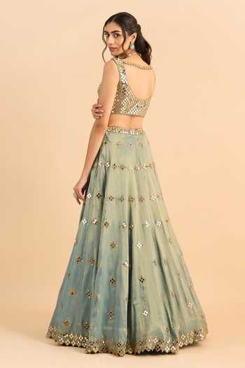 Roohbyridhimaa_Blue Organza Mirrors Round Neck Sajda Work Lehenga Set _at_Aza_Fashions