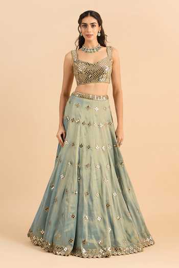 Buy_Roohbyridhimaa_Blue Organza Mirrors Round Neck Sajda Work Lehenga Set 