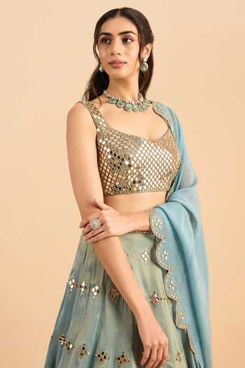 Shop_Roohbyridhimaa_Blue Organza Mirrors Round Neck Sajda Work Lehenga Set 
