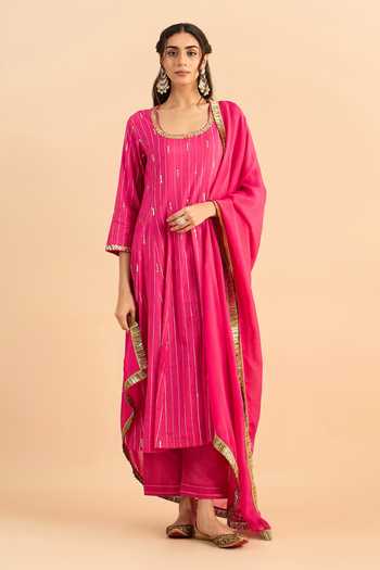 Buy_Roohbyridhimaa_Fuchsia Silk, Organza, Chanderi Sequins, Pink Chahat Embroidered Anarkali Set _at_Aza_Fashions