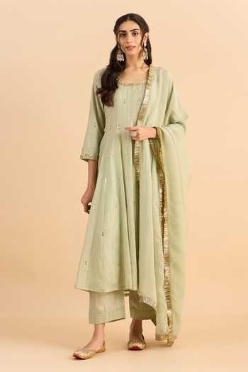 Buy_Roohbyridhimaa_Green Silk, Organza, Chanderi Embroidery, Sequins Scoop Chahat Anarkali Set _at_Aza_Fashions