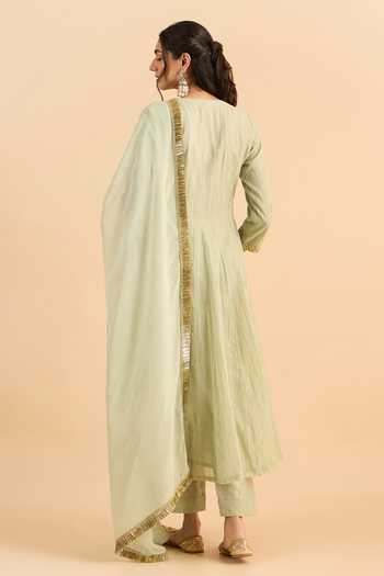 Shop_Roohbyridhimaa_Green Silk, Organza, Chanderi Embroidery, Sequins Scoop Chahat Anarkali Set _at_Aza_Fashions